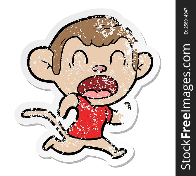 Distressed Sticker Of A Shouting Cartoon Monkey Running