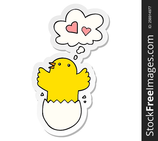cute hatching chick cartoon with thought bubble as a printed sticker