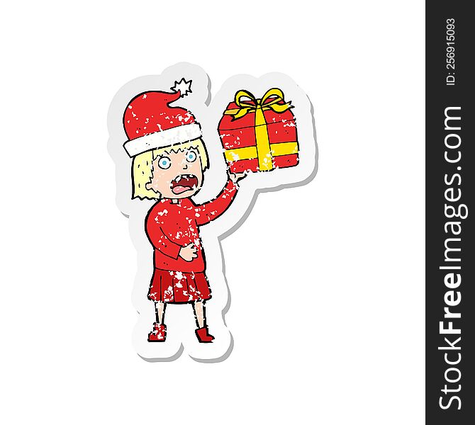 retro distressed sticker of a cartoon woman getting ready for christmas