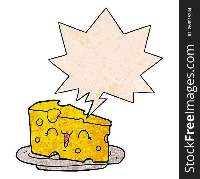 Cute Cartoon Cheese And Speech Bubble In Retro Texture Style