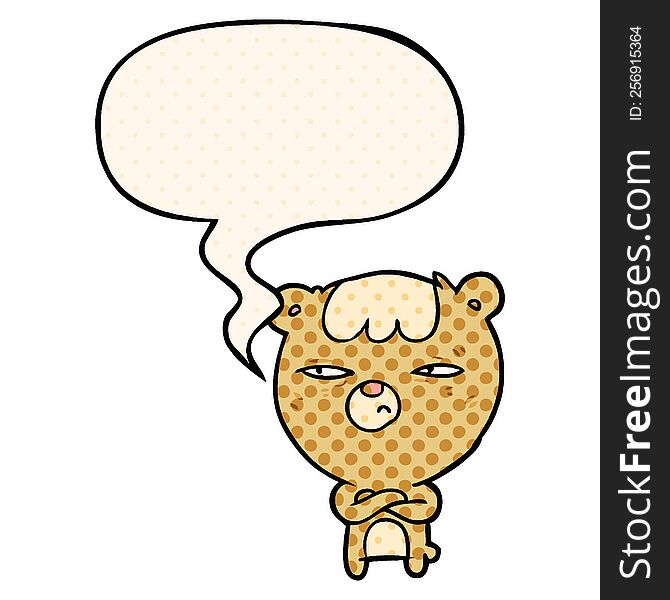 Cartoon Annoyed Bear And Arms Crossed And Speech Bubble In Comic Book Style