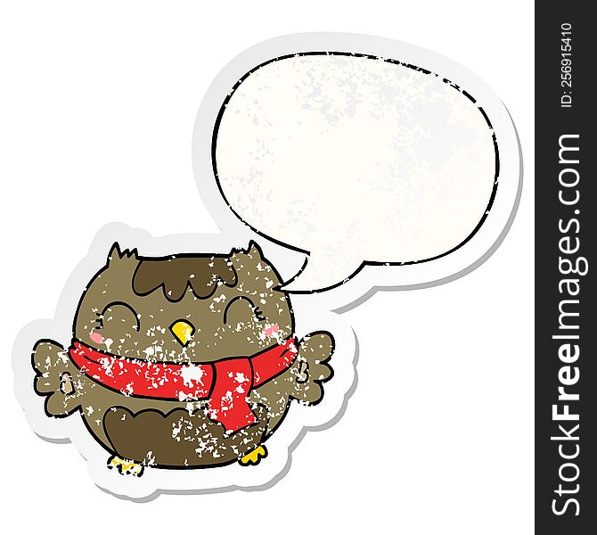 Cute Cartoon Owl And Speech Bubble Distressed Sticker