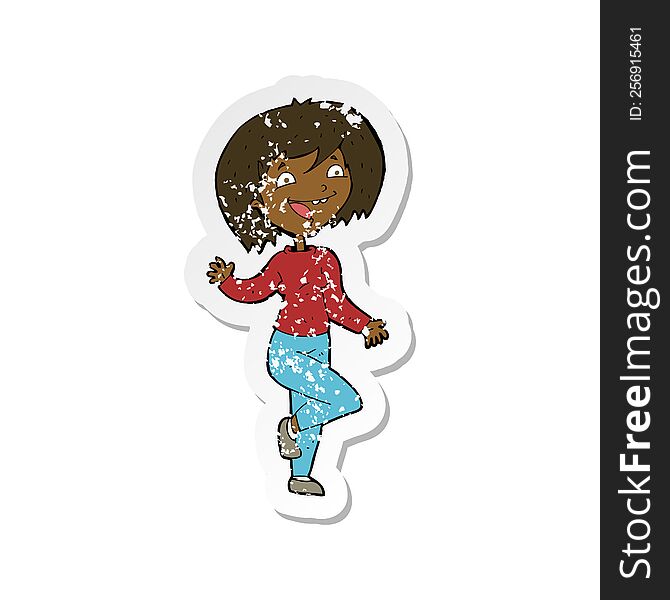 retro distressed sticker of a cartoon laughing woman