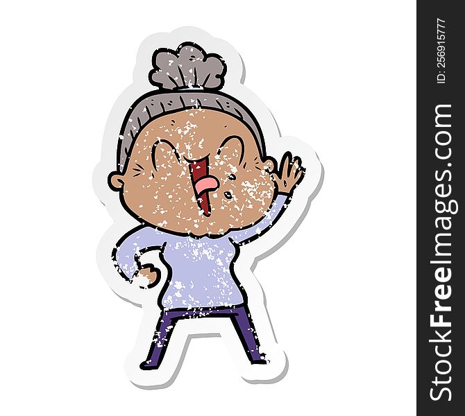 distressed sticker of a cartoon happy old woman
