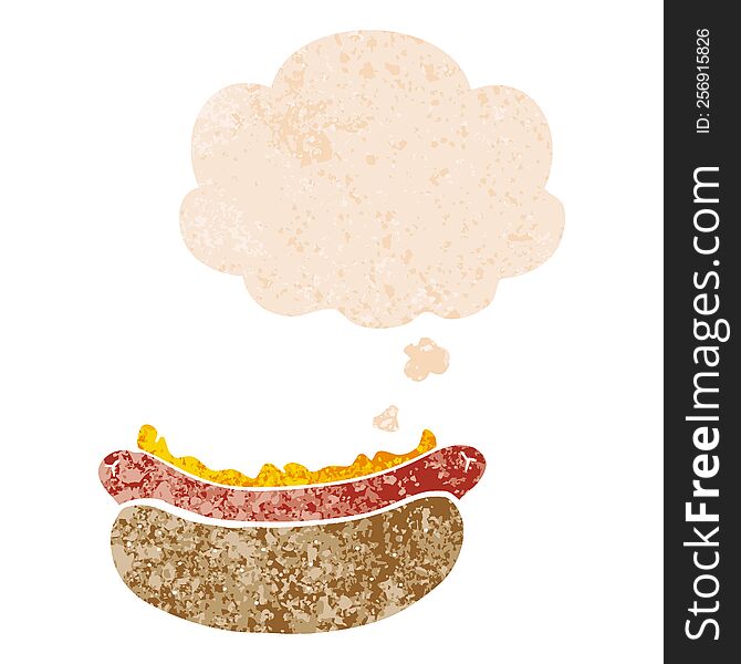 cartoon hotdog with thought bubble in grunge distressed retro textured style. cartoon hotdog with thought bubble in grunge distressed retro textured style