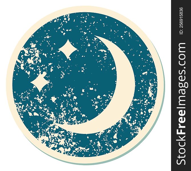 iconic distressed sticker tattoo style image of a moon and stars. iconic distressed sticker tattoo style image of a moon and stars