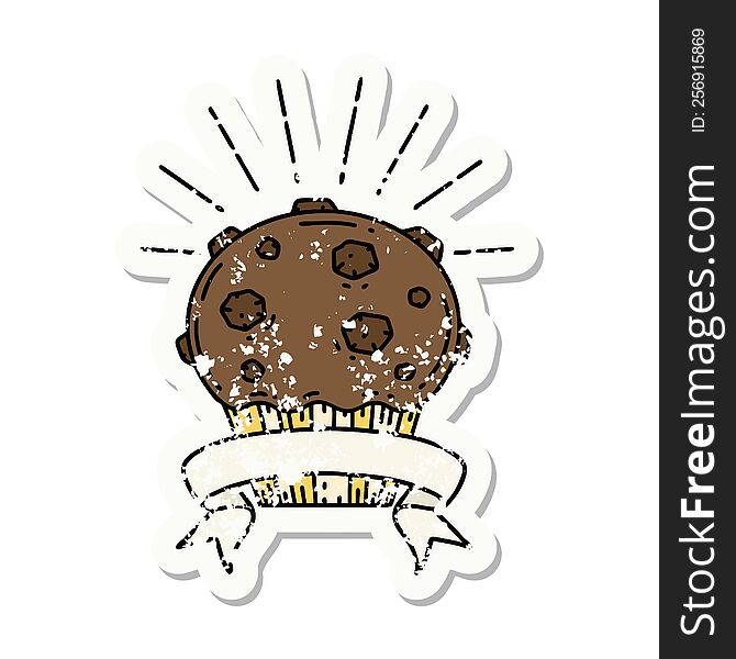 worn old sticker of a tattoo style chocolate muffin. worn old sticker of a tattoo style chocolate muffin