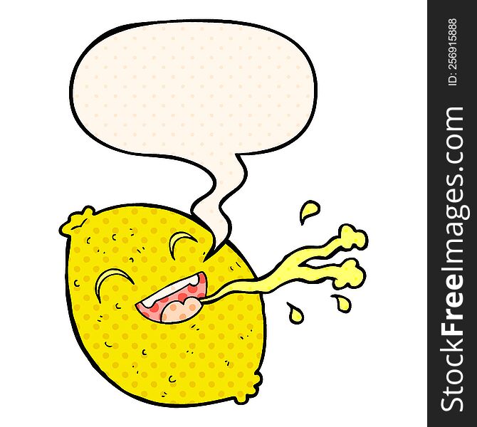 Cartoon Squirting Lemon And Speech Bubble In Comic Book Style