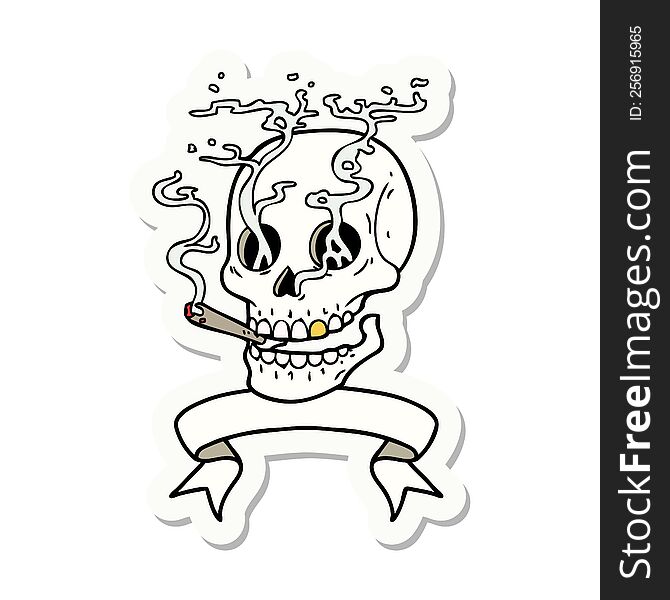 Tattoo Sticker With Banner Of A Skull Smoking