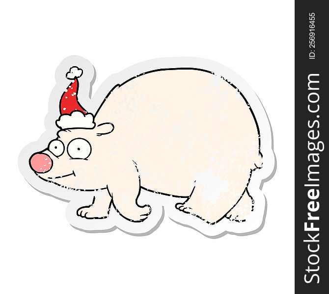 distressed sticker cartoon of a walking polar bear wearing santa hat