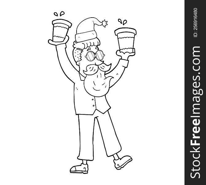 freehand drawn black and white cartoon man with coffee cups at christmas