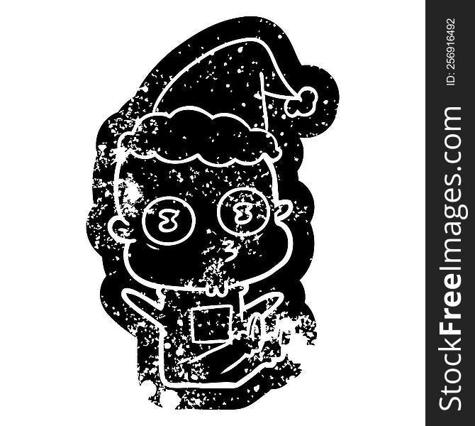 Cartoon Distressed Icon Of A Weird Bald Spaceman Wearing Santa Hat