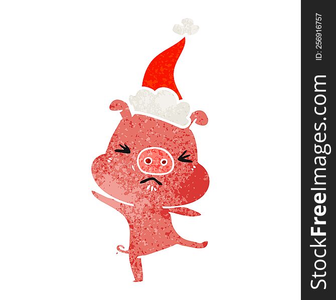 hand drawn retro cartoon of a furious pig wearing santa hat