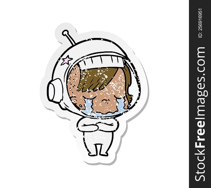 distressed sticker of a cartoon crying astronaut girl