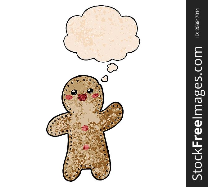 Cartoon Gingerbread Man And Thought Bubble In Grunge Texture Pattern Style