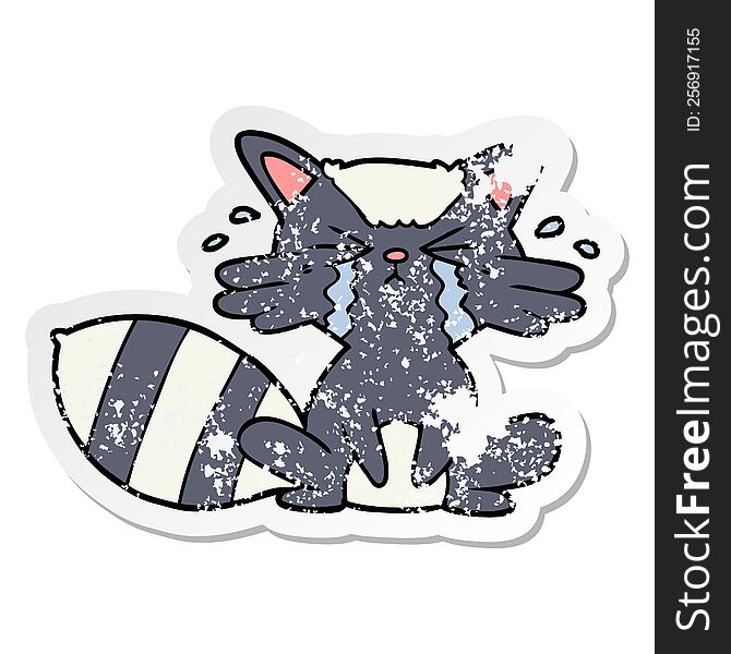 distressed sticker of a cartoon raccoon crying