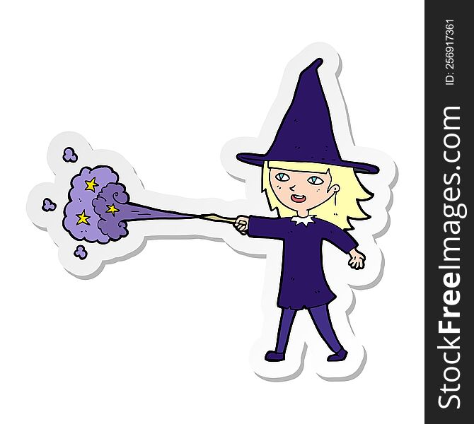 sticker of a cartoon witch girl casting spell