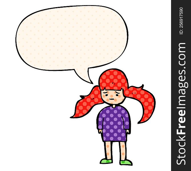 cartoon girl and long hair and speech bubble in comic book style