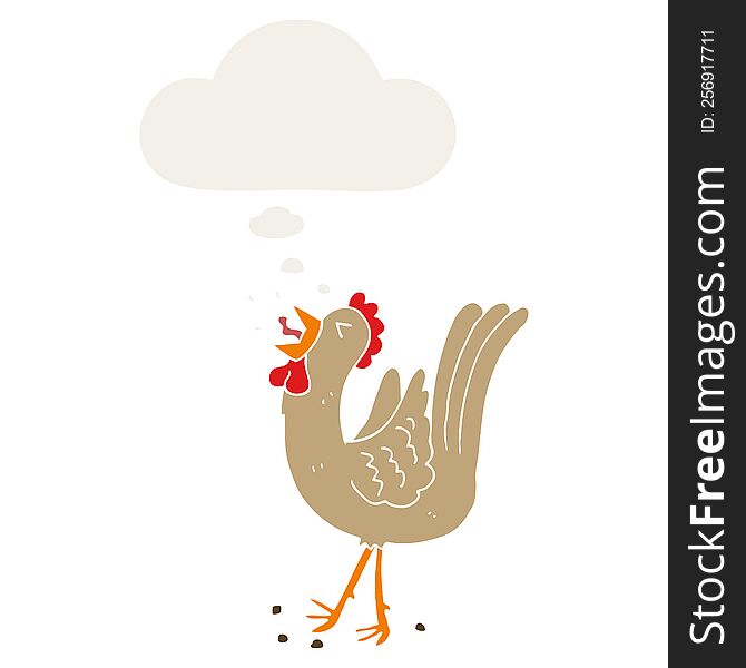 cartoon crowing cockerel with thought bubble in retro style