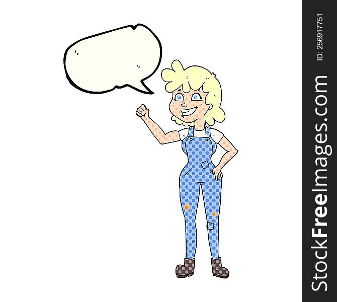 freehand drawn comic book speech bubble cartoon determined woman clenching fist