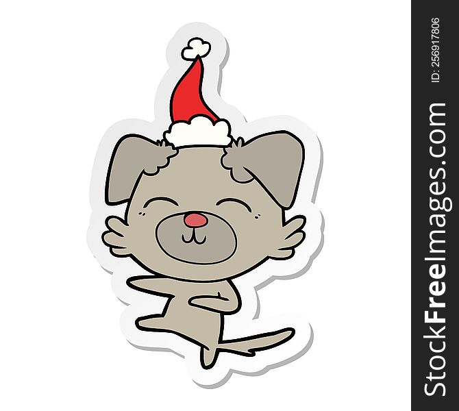 hand drawn sticker cartoon of a dog kicking wearing santa hat