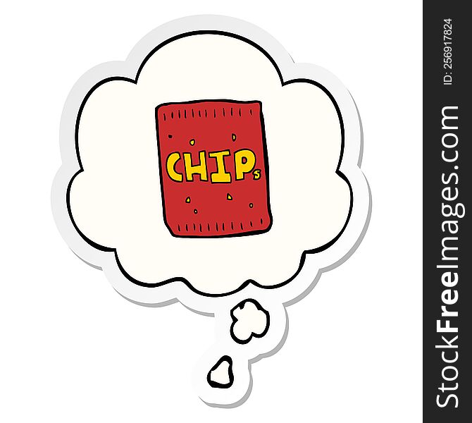 cartoon packet of chips with thought bubble as a printed sticker