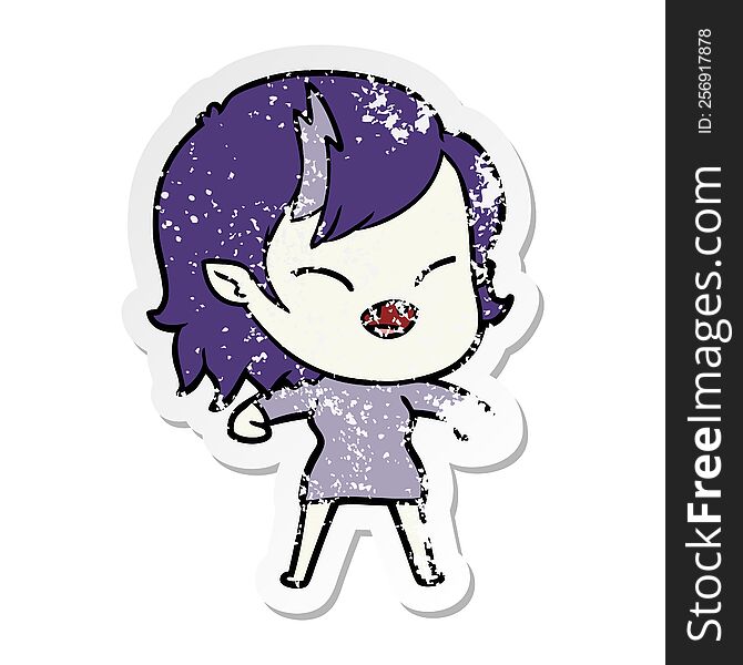 distressed sticker of a cartoon laughing vampire girl