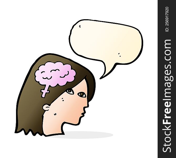 Cartoon Female Head With Brain Symbol With Speech Bubble