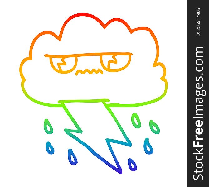 rainbow gradient line drawing of a cartoon angry storm cloud