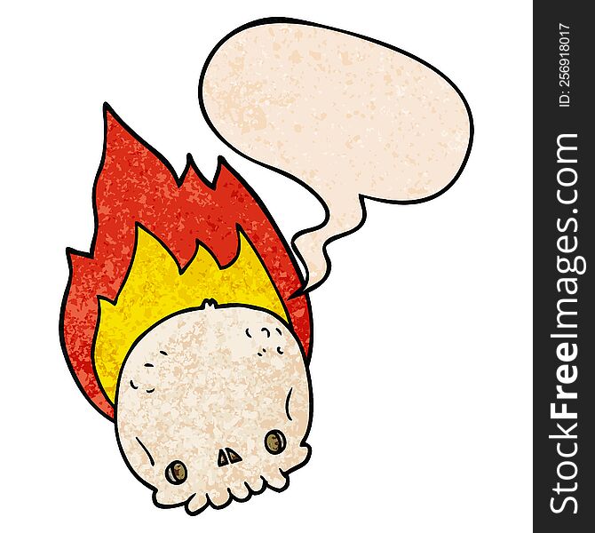 Spooky Cartoon Flaming Skull And Speech Bubble In Retro Texture Style