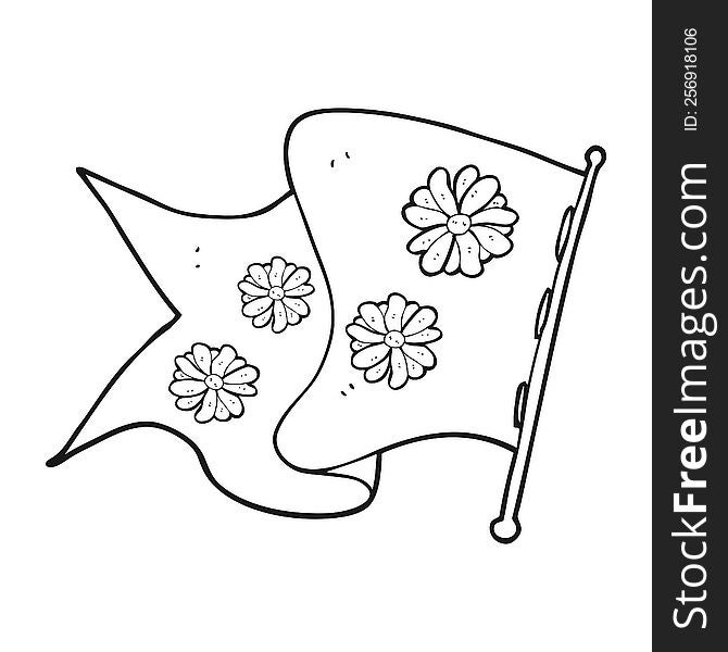 freehand drawn black and white cartoon flower flag