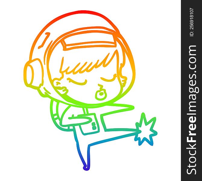 rainbow gradient line drawing of a cartoon pretty astronaut girl karate kicking