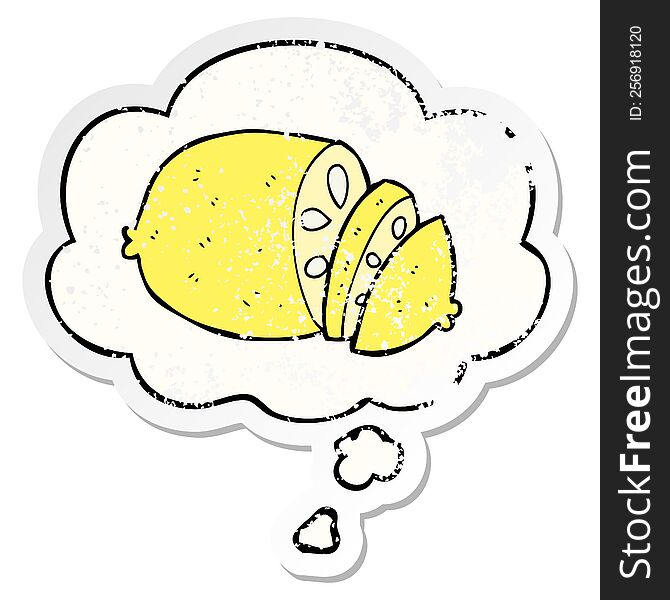 Cartoon Sliced Lemon And Thought Bubble As A Distressed Worn Sticker