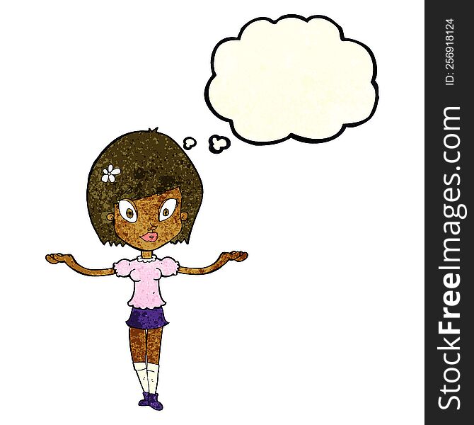 cartoon woman making balancing gesture with thought bubble