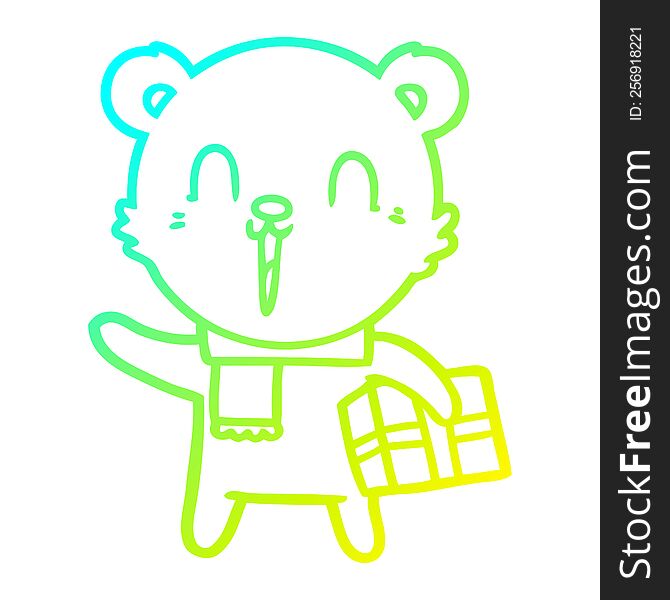 Cold Gradient Line Drawing Happy Cartoon Bear With Gift