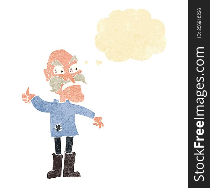 cartoon angry old man in patched clothing with thought bubble