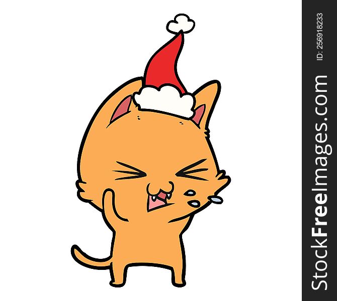 Line Drawing Of A Cat Hissing Wearing Santa Hat