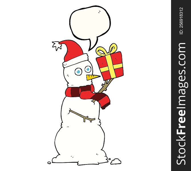 Speech Bubble Cartoon Snowman Holding Present