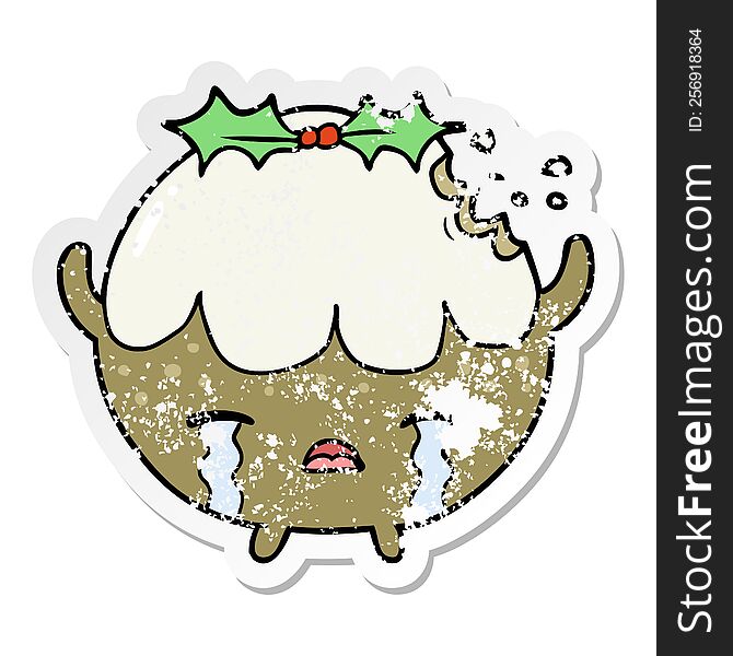 Distressed Sticker Of A Cartoon Chrstmas Pudding