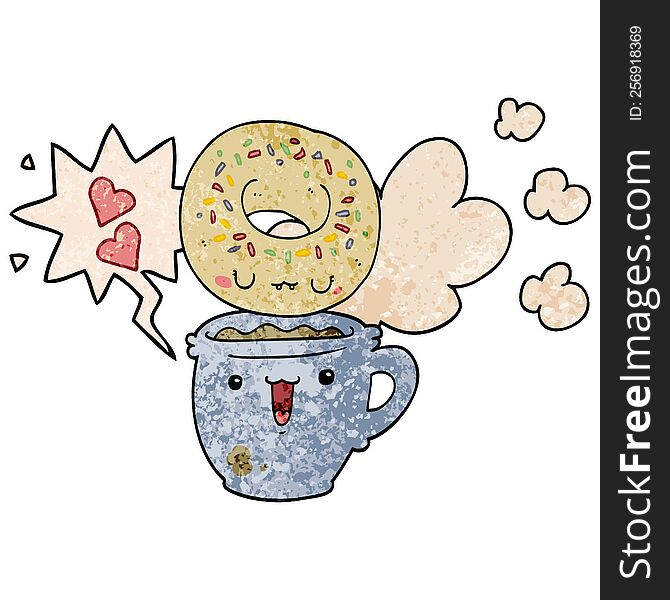 cute cartoon donut and coffee with speech bubble in retro texture style