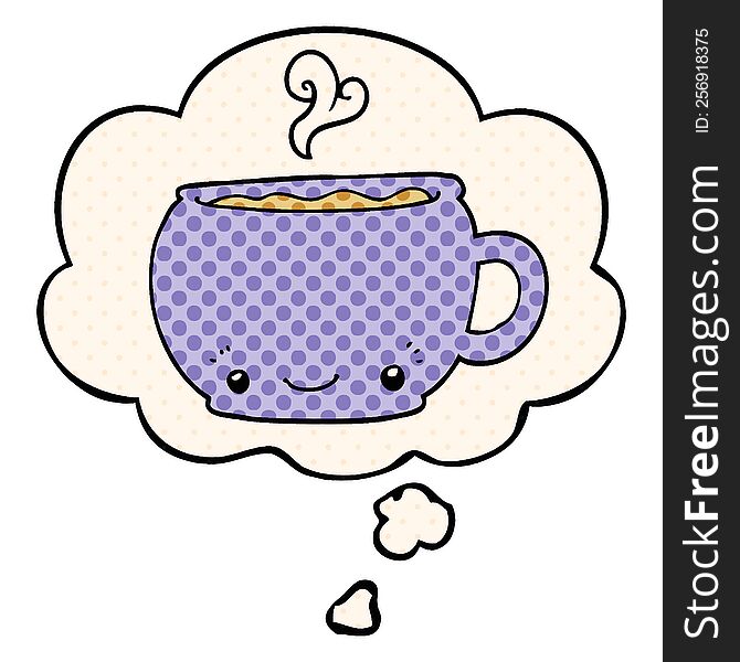 cartoon hot cup of coffee with thought bubble in comic book style