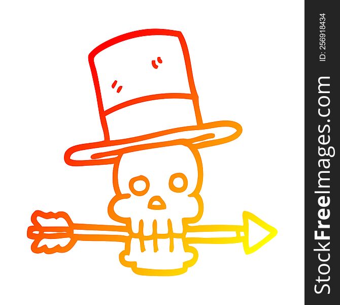 Warm Gradient Line Drawing Cartoon Skull With Top Hat And Arrow