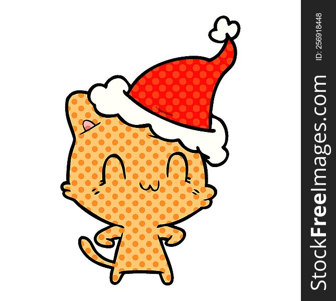 Comic Book Style Illustration Of A Happy Cat Wearing Santa Hat