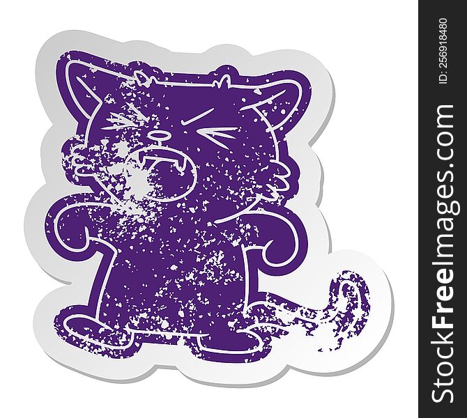 distressed old cartoon sticker of a screeching cat. distressed old cartoon sticker of a screeching cat