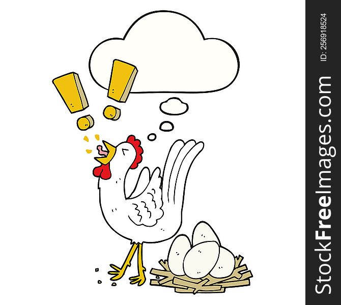 cartoon chicken laying egg with thought bubble