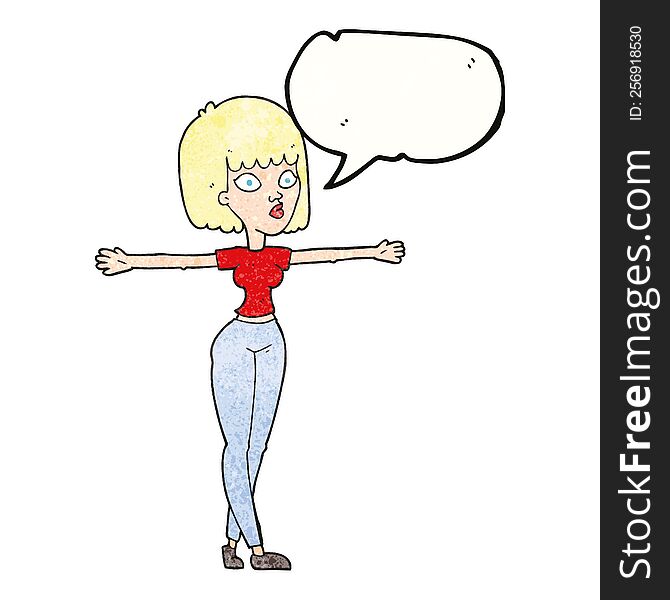 Speech Bubble Textured Cartoon Woman Spreading Arms