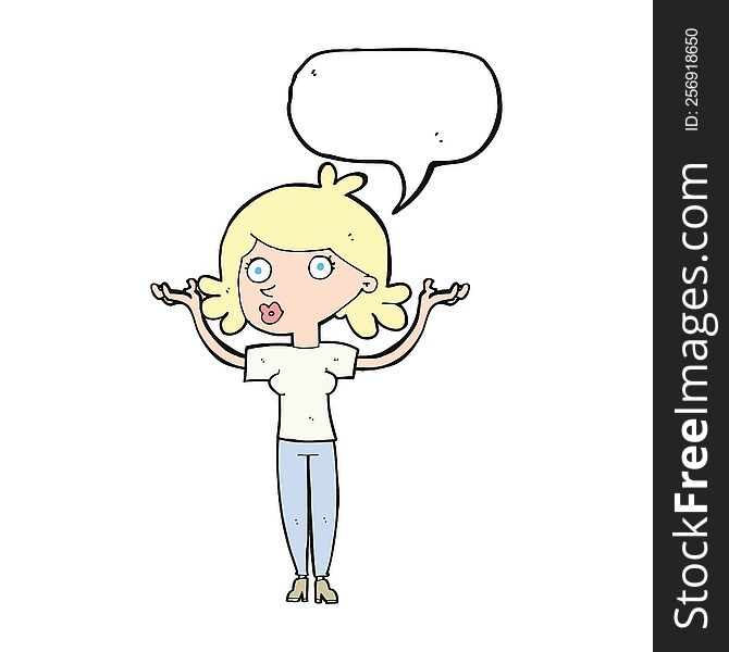cartoon woman throwing arms in air with speech bubble