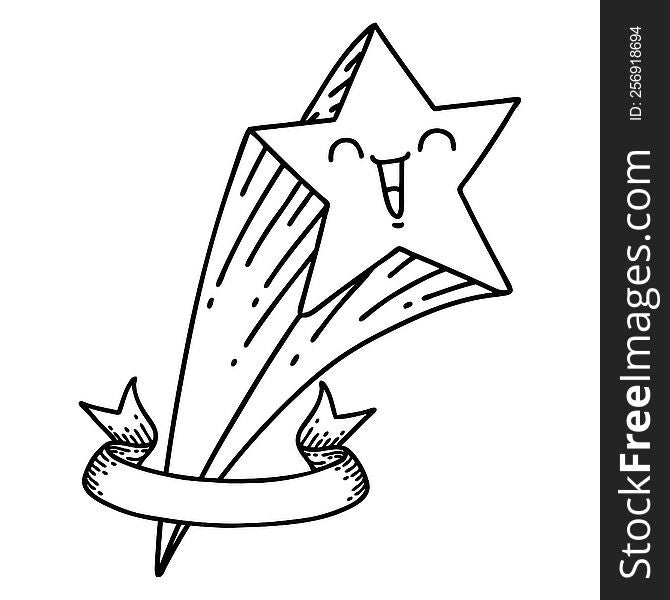scroll banner with black line work tattoo style shooting star