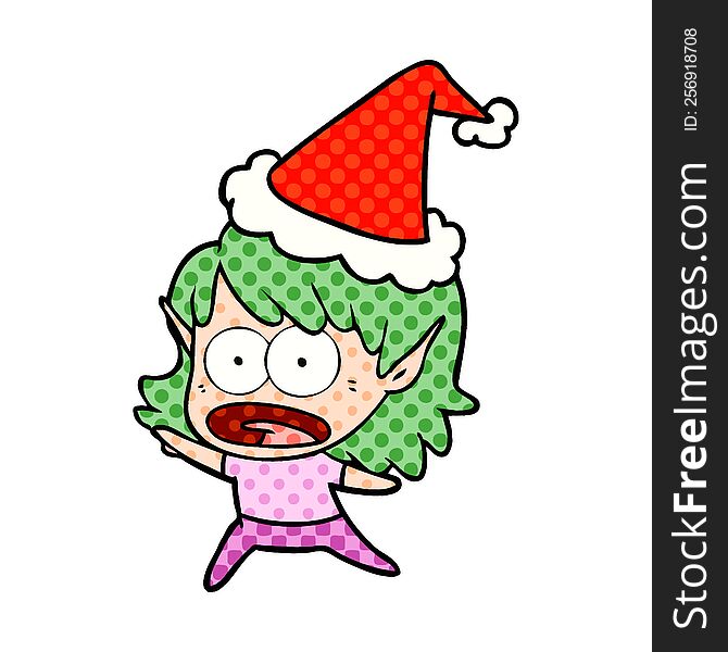 comic book style illustration of a shocked elf girl wearing santa hat