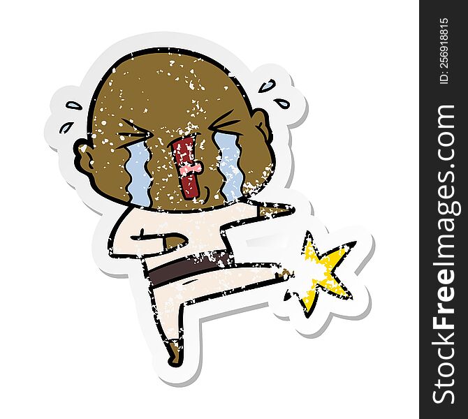 Distressed Sticker Of A Cartoon Crying Bald Man